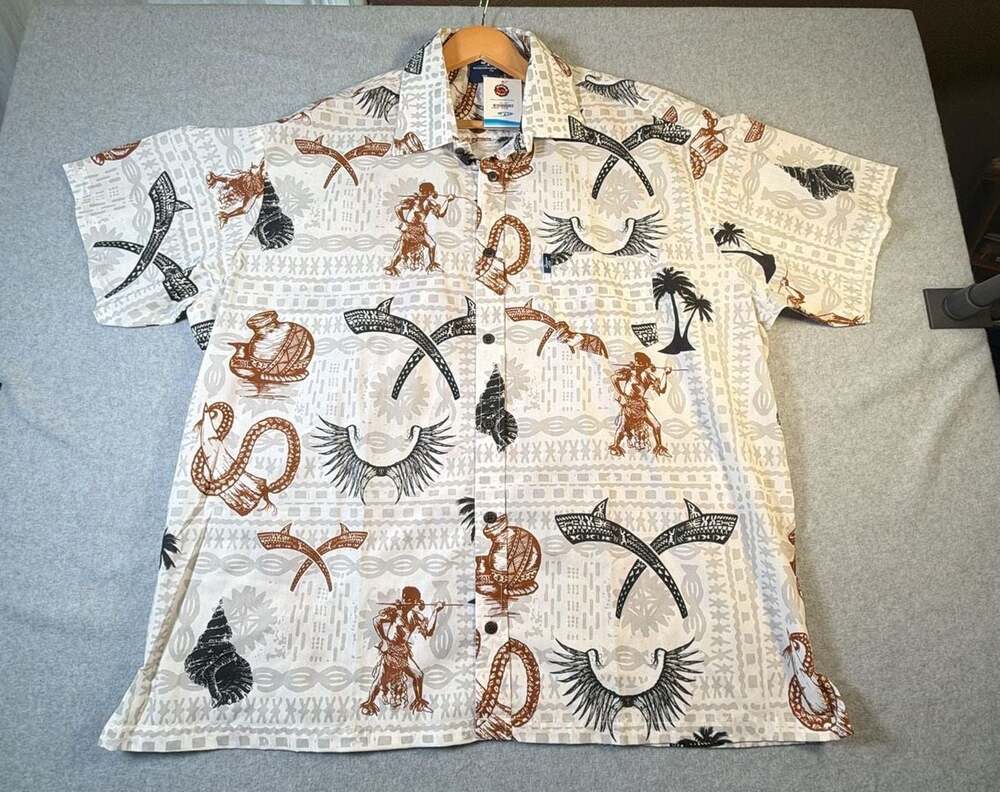 Aisokula Fiji Bula Shirt 3XL White Tribal Print